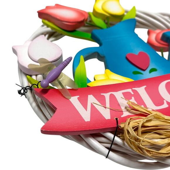 Welcome Wreath Door Hanger Tulip Pink Blue Yellow 12 inch - Picture 2 of 5